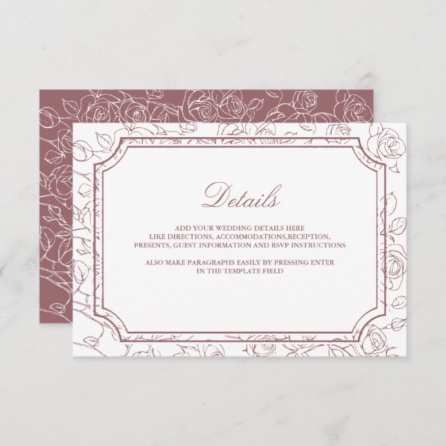 Victorian Dusty Rose Line Art Wedding Details Tilläggskort (Fram/baksida)