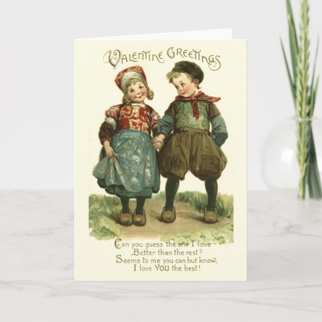Victorian Dutch Children Valentine Day Card Kort (Framsida)