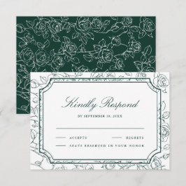Victorian Emerald Green Floral Line Art Wedding OSA Kort