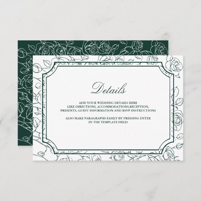 Victorian Emerald Green Line Art Wedding Details Tilläggskort (Fram/baksida)