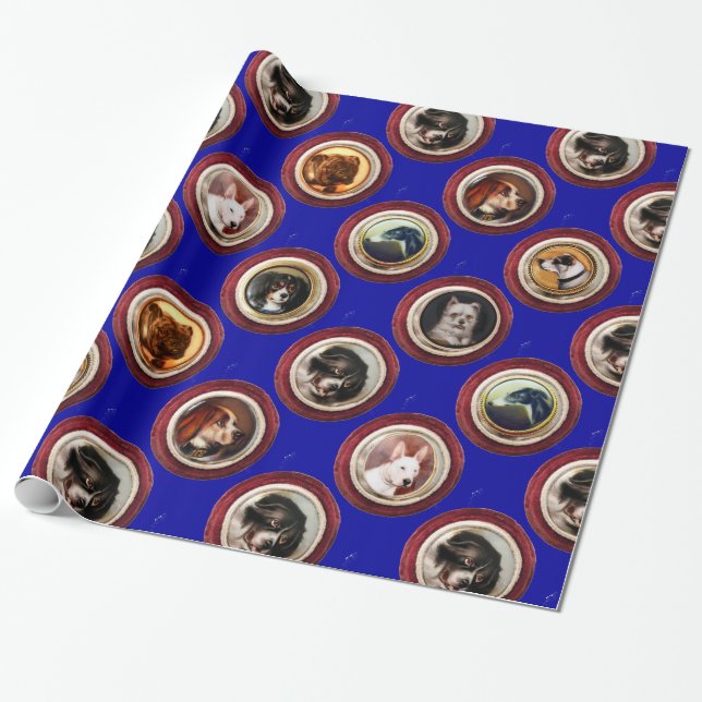 VICTORIAN ENAMELS /MINIATURE HUND PORTRÄTT,Blue Presentpapper (Utrullad)