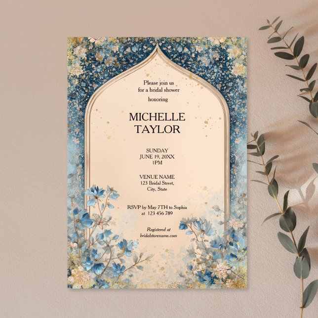 Victorian Enchanted Garden Elegant Floral Bridal Inbjudningar (BLUE AND GOLD FLORAL ARCH BRIDAL SHOWER INVITATION)