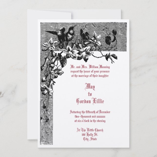 Victorian Era 1874 Hummingbird Pair Blommigt Bröll Inbjudningar (Framsida)