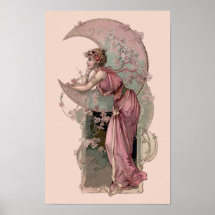 Victorian Era Art nouveau Woman & Crescent Måne Poster