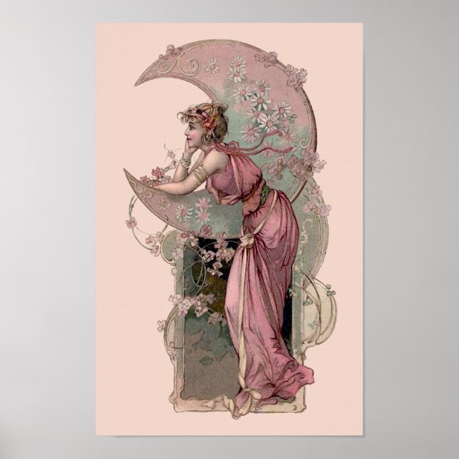 Victorian Era Art nouveau Woman & Crescent Måne Poster (Framsidan)