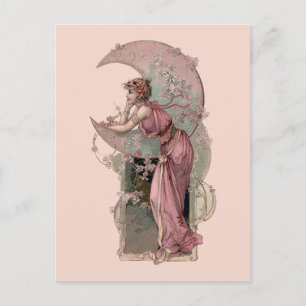 Victorian Era Art nouveau Woman & Crescent Måne Vykort
