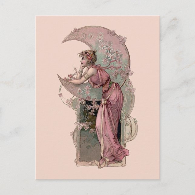 Victorian Era Art nouveau Woman & Crescent Måne Vykort (Framsida)