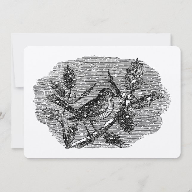 Victorian Era Bird på Holly Berry Gren i Snö Julkort (Framsida)