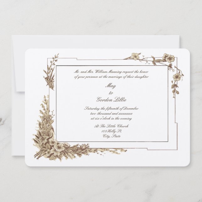 Victorian Era Blommigt Botanical Art Ram Bröllop Inbjudningar (Framsida)