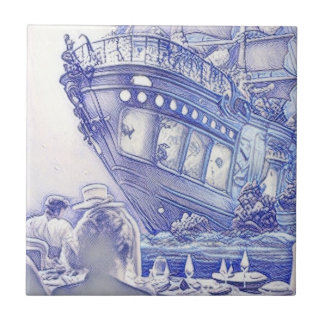Victorian Era Fantasy Sea Tiles Blue and White 11 Kakelplatta