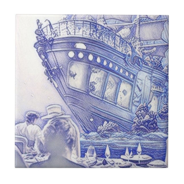 Victorian Era Fantasy Sea Tiles Blue and White 11 Kakelplatta (Framsidan)