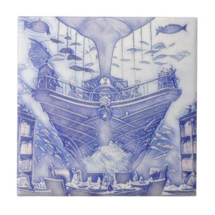 Victorian Era Fantasy Sea Tiles Blue and White 19 Kakelplatta