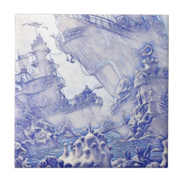 Victorian Era Fantasy Sea Tiles Blue and White 5 Kakelplatta