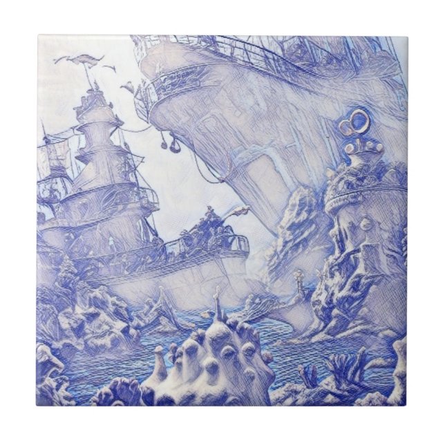Victorian Era Fantasy Sea Tiles Blue and White 5 Kakelplatta (Framsidan)