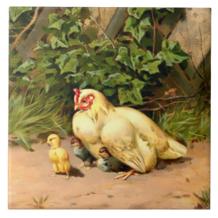 Victorian Era Hen & Baby Chickens by L. Prang Kakelplatta