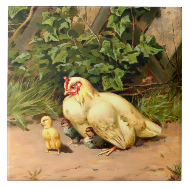 Victorian Era Hen & Baby Chickens by L. Prang Kakelplatta (Framsidan)