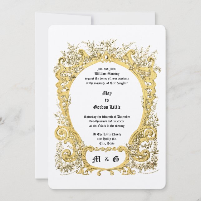 Victorian Era Ornate Blommigt Cartouche Bröllop Inbjudningar (Framsida)