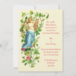 Victorian Era Woman & Harp med Ro Bröllop Inbjudningar