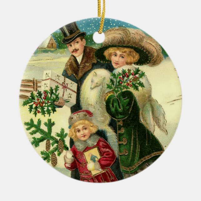 Victorian family in the snow Christmas scene Julgransprydnad Keramik (Framsidan)