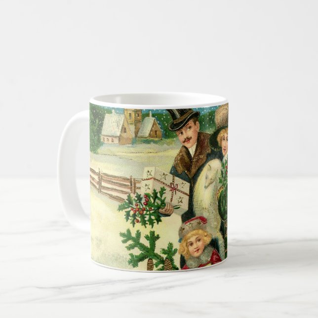 Victorian family in the snow Christmas scene Kaffemugg (Framsida vänster)