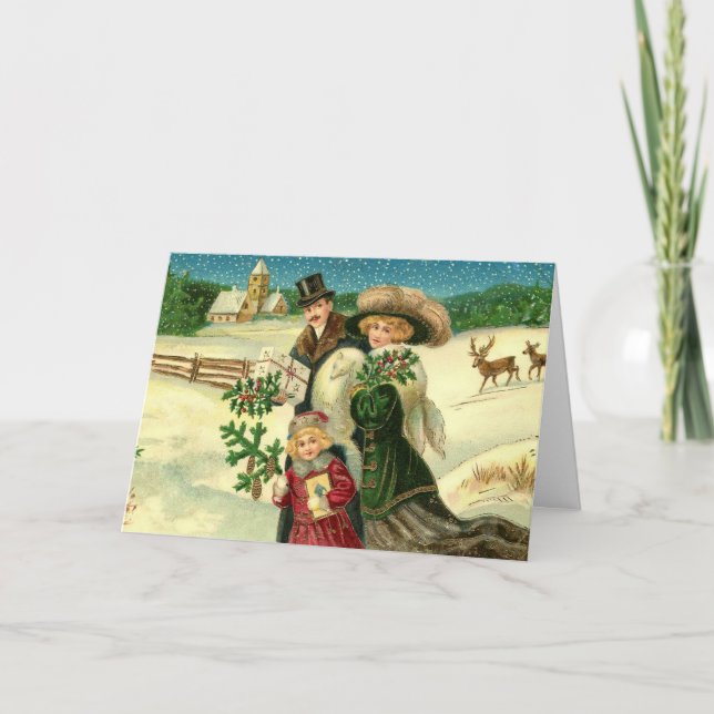 Victorian family in the snow Christmas scene Kort (Framsida)