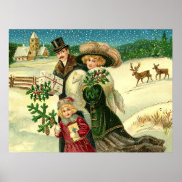 Victorian family in the snow Christmas scene Poster