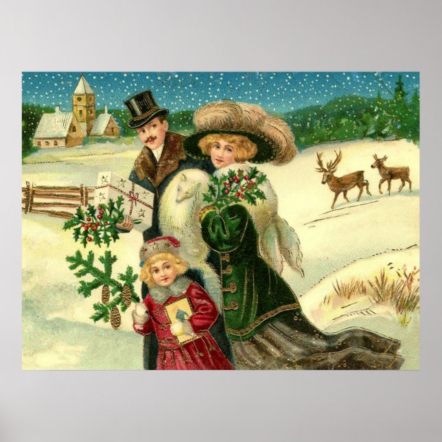 Victorian family in the snow Christmas scene Poster (Framsidan)
