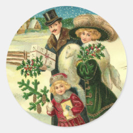 Victorian family in the snow Christmas scene Runt Klistermärke