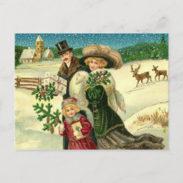 Victorian family in the snow Christmas scene Vykort