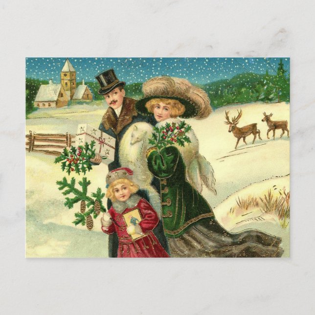 Victorian family in the snow Christmas scene Vykort (Framsida)
