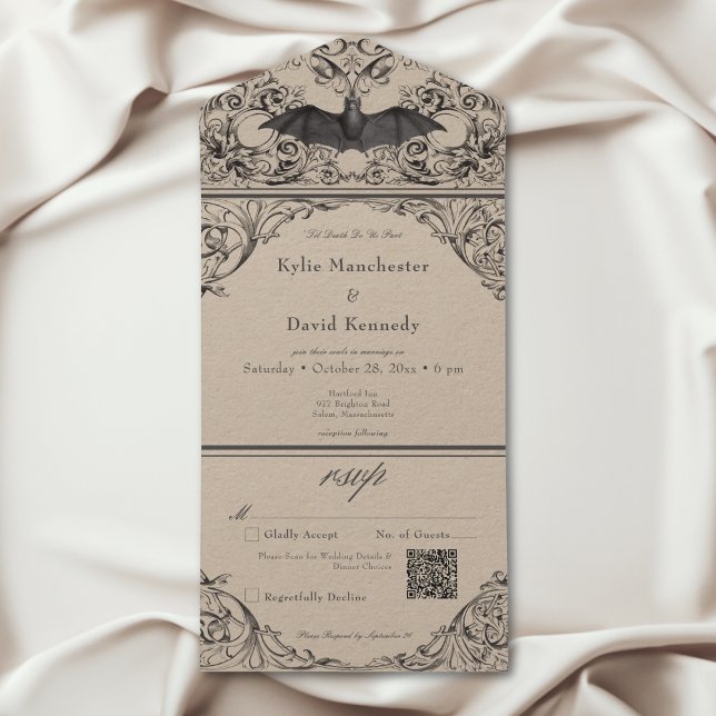Victorian Fladdermus Til Death Black Tan Bröllop Q (Victorian Bat Til Death Black Tan Wedding QR Code All In One Invitation)