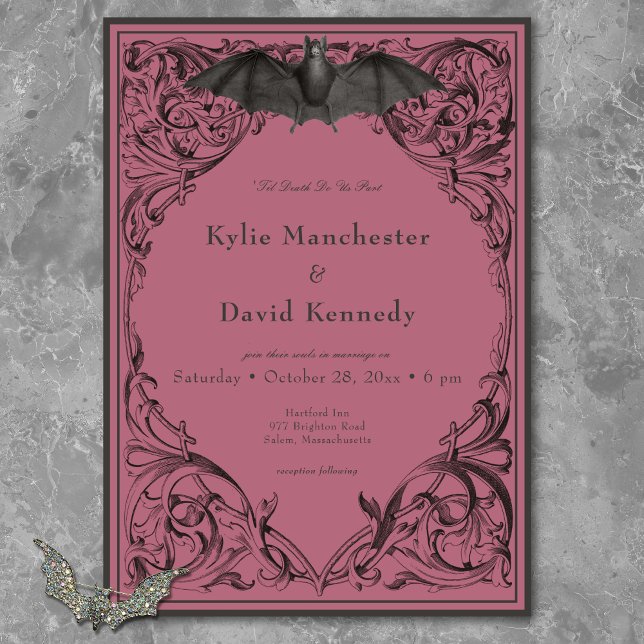 Victorian Fladdermus till döden Black och Vin Bröl Inbjudningar (Victorian Bat Until Death Black & Wine Wedding Invitation)