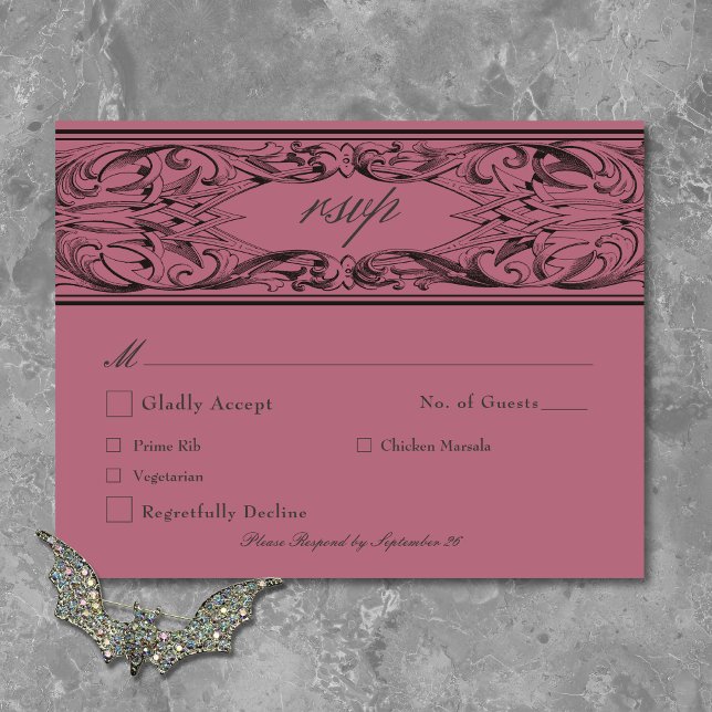 Victorian Fladdermus till döden Black och Vin Bröl OSA Kort (Victorian Bat Until Death Black & Wine Wedding RSVP Card)
