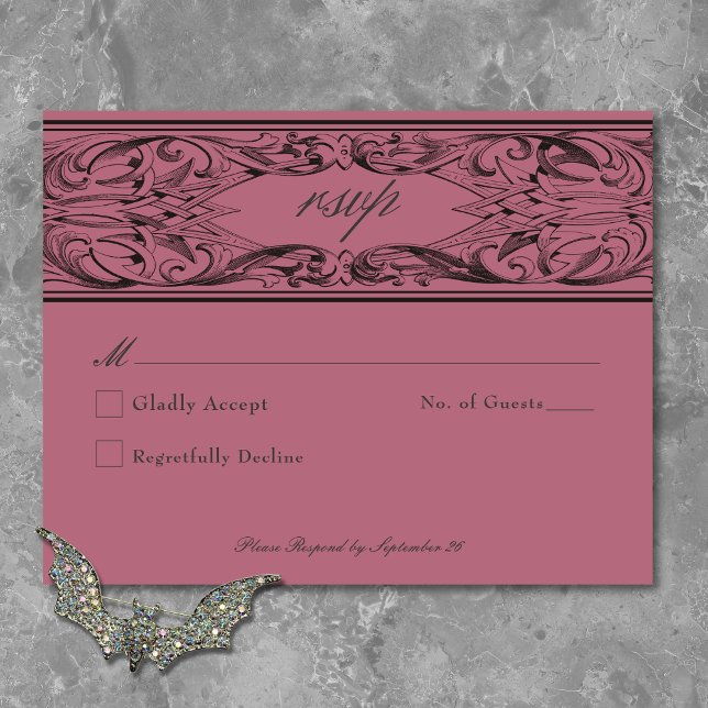 Victorian Fladdermus till döden Black och Vin Bröl OSA Kort (Victorian Bat Until Death Black & Wine Wedding RSVP Card)