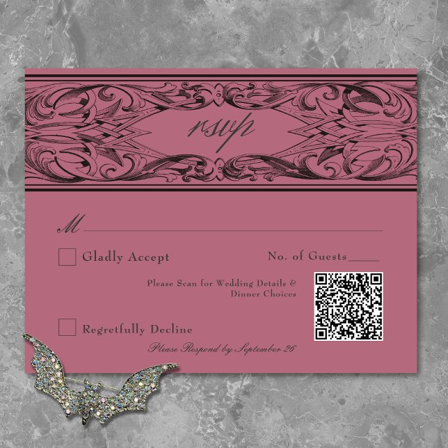 Victorian Fladdermus till döden Black och Vin Bröl OSA Kort (Victorian Bat Until Death Black & Wine Wedding RSVP Card)