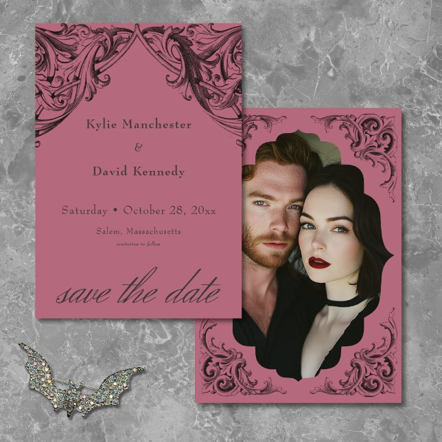Victorian Fladdermus till döden Black och Vin Bröl Spara Datumet (Victorian Bat Until Death Black & Wine Wedding Save The Date)