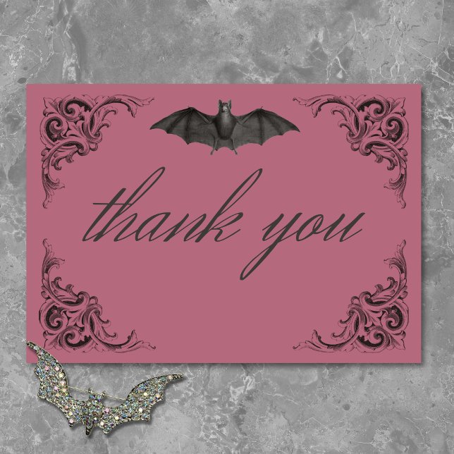 Victorian Fladdermus till döden Black och Vin Bröl Tack Kort (Victorian Bat Until Death Black & Wine Wedding Thank You Card)