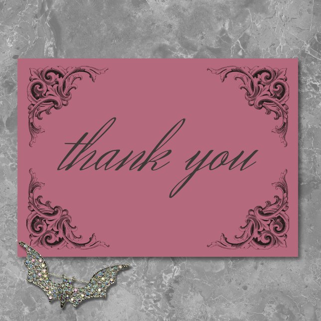 Victorian Fladdermus till döden Black och Vin Bröl Tack Kort (Victorian Bat Until Death Black & Wine Wedding Thank You Card)