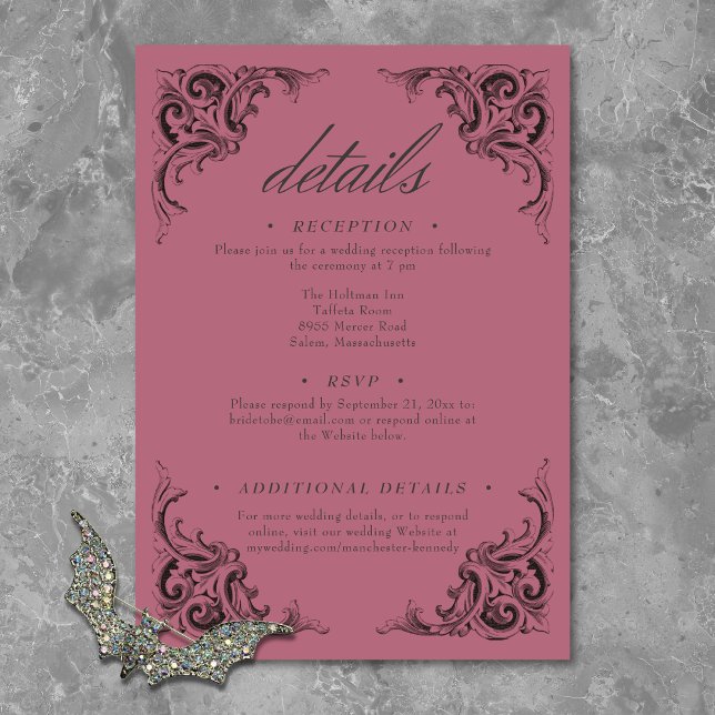 Victorian Fladdermus till döden Black och Vin Bröl Tilläggskort (Victorian Bat Until Death Black & Wine Wedding Enclosure Card)