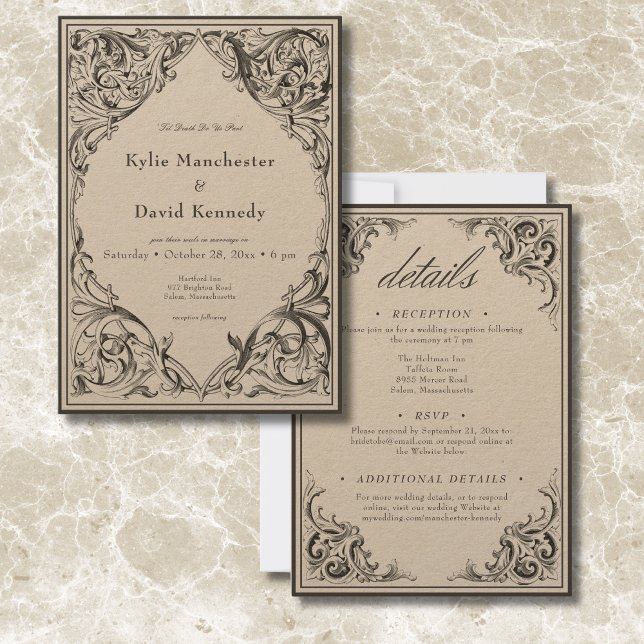 Victorian Fladdermus till dödsolyckan Black och Ta Inbjudningar (Victorian Bat Until Death Black & Tan Two Sided Invitation)