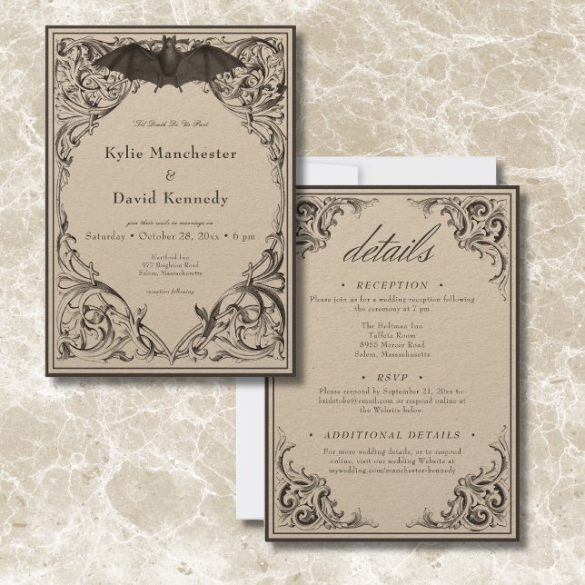 Victorian Fladdermus till dödsolyckan Black och Ta Inbjudningar (Victorian Bat Until Death Black & Tan Two Sided Invitation)