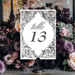 Victorian Fladdermus till Dödsolyckan Black & Whit Bordsnummer<br><div class="desc">Öka ditt gotiska bröllop med ett Victorianinspirerat bröllop-bordsnummer som exuderar tidlös elegans och mysterium. Designat för att likna en antika bok-bindning, är den här fantastiska designen komplicerad för en svart och vit laktatfiligree, vilket framkallar en gammal gammaldags charm. Låt din kärlek-historia upplösas med ett bordsnummer som är lika oförglömligt som...</div>
