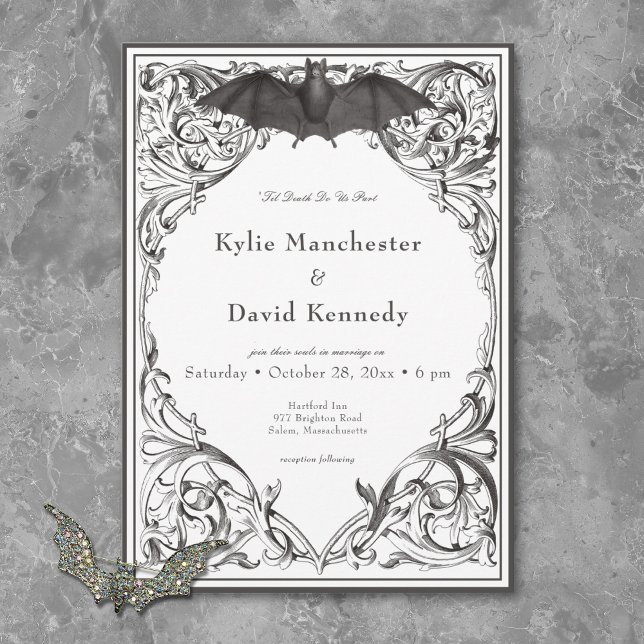 Victorian Fladdermus till Dödsolyckan Black & Whit Inbjudningar (Victorian Bat Until Death Black & White Wedding Invitation)
