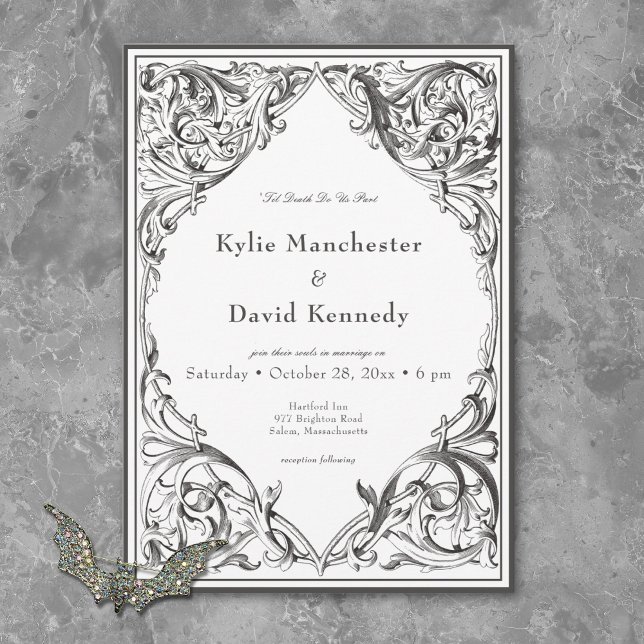 Victorian Fladdermus till Dödsolyckan Black & Whit Inbjudningar (Victorian Bat Until Death Black & White Wedding Invitation)