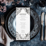 Victorian Fladdermus till Dödsolyckan Black & Whit Meny<br><div class="desc">Höj ditt gotiska bröllop med en Victorianinspirerad bröllop-meny som exuderar tidlös elegans och mysterium. Designat för att likna en antika bok-bindning, är den här fantastiska designen komplicerad för en svart och vit laktatfiligree, vilket framkallar en gammal gammaldags charm. Låt din kärlek-historia utvecklas med ett program som är lika oförglömligt som...</div>