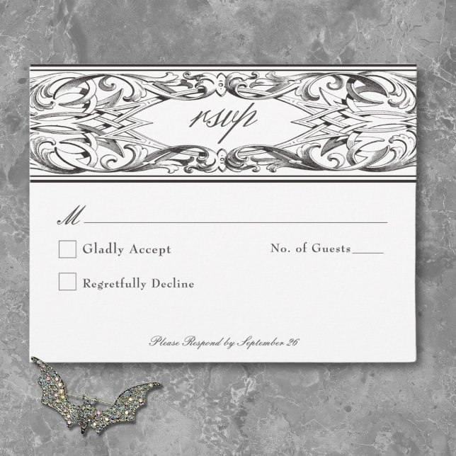 Victorian Fladdermus till Dödsolyckan Black & Whit OSA Kort (Victorian Bat Until Death Black & White Wedding RSVP Card)