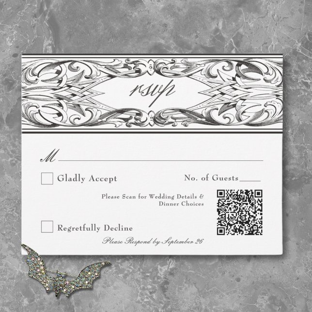 Victorian Fladdermus till Dödsolyckan Black & Whit OSA Kort (Victorian Bat Until Death Black & White Wedding RSVP Card)