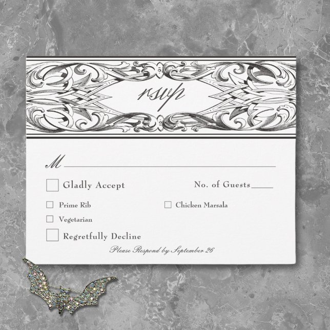 Victorian Fladdermus till Dödsolyckan Black & Whit OSA Kort (Victorian Bat Until Death Black & White Wedding RSVP Card)