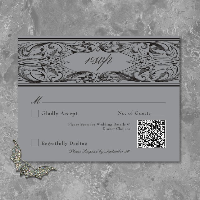 Victorian Fladdermus till Dödsolyckan och Grått Br OSA Kort (Victorian Bat Until Death Black & Gray Wedding RSVP Card)