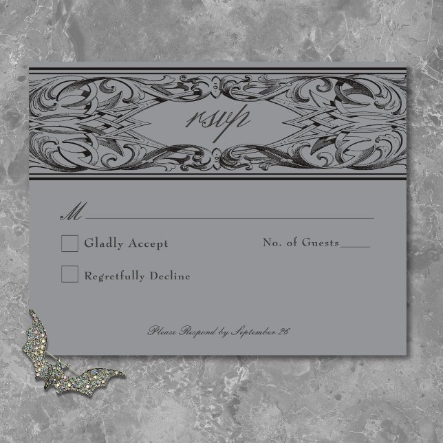 Victorian Fladdermus till Dödsolyckan och Grått Br OSA Kort (Victorian Bat Until Death Black & Gray Wedding RSVP Card)